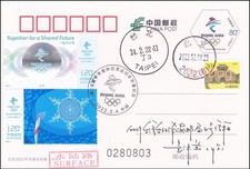 China 2022-4 Stamp 24th Winter Olympic Games Committee Postcard Reg to Taiwan