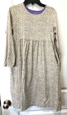 Lands End Purple Long Sleeve Girl Dress Sz 10-12 Floral Crewneck Cotton Pockets - Image 1 of 4