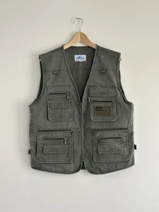 Vintage Blue Stone Utility Vest Workwear American Flag Patch Olive Green Medium - Picture 1 of 7