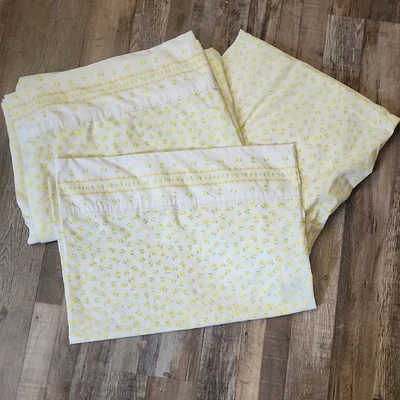 Vintage Fieldcrest Yellow White Green Floral 3 Piece Twin Sheet Set Retro USA - Image 1 of 4