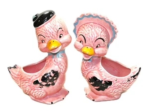 Vintage rosa Ente Kinderzimmer Pflanzgefäße Paar Keramik 7" hoch Kitsch Babyzimmer - Bild 1 von 8