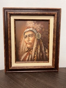 Dipinto olio su tela con cornice capo nativi americani vintage firmato originale - Foto 1 di 5