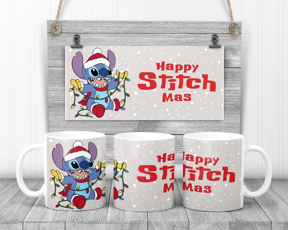 Happy Stitchmas, Stitch With Christmas Lights Mug, 11oz Ceramic Cup, Movie Gift, - Image 1 of 1