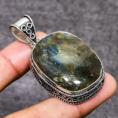 Colgante de joyería de plata de ley 925 hecho a mano con piedras preciosas de labradorita 1,89" N922 Foto 1 de 3