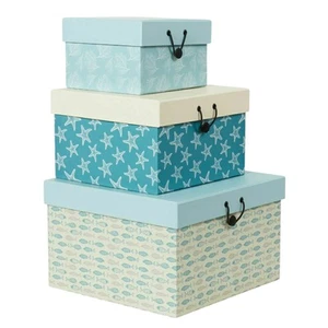 Blue Coastal Nautical Print Strorage Boxes - 3 Piece - Picture 1 of 2