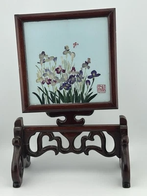 Vintage Chinese Suzhou Silk Embroidery Under Glass Table Screen Floral 1950s - Image 1 of 4