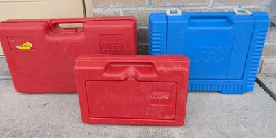 Lote de 3 cajas de almacenamiento portátiles de plástico duro LEGO vintage azul rojo Foto 1 de 4