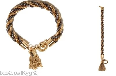 Nuovo GUESS Oro & Argento Tono Corda,Contorto Catena,Nappa Ciondolo A Bracciale - Immagine 1 di 2