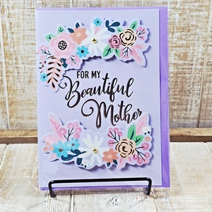 Voila Muttertag Grußkarte 5x7 wunderschön lila Blumen Perlen - Bild 1 von 10