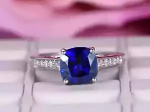 2.10 Ct Cushion Natural Sapphire & Diamond Engagement Ring 14K Solid White Gold - Picture 1 of 6