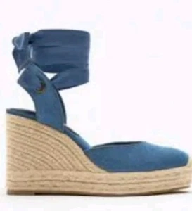 NEW ZARA Tied Blue Denim Wedge Heel Shoes platforms Lace Up EURO Size 37 US 6.5 - Picture 1 of 8
