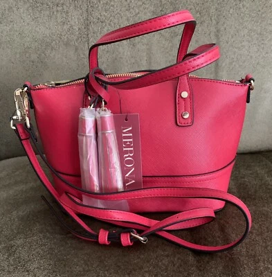 Merona Red Faux Leather Handbag Purse Interior Zip Pocket, Bottom Studs 7 x 12" - Image 1 of 4