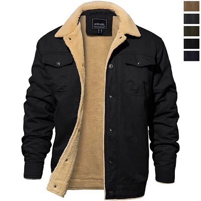 Mens Warm Cotton Coats Sherpa Fleece Lined Lapel Collar Winter Cargo Work Jacket - Image 1 of 4