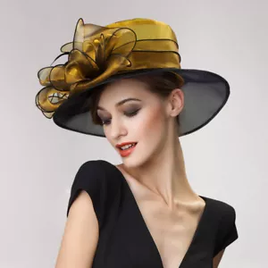 Edle Damen Kleid Mütze breite Krempe Kirche Hochzeit Kentucky Derby Ascot Blumenmuster A045 - Bild 1 von 37