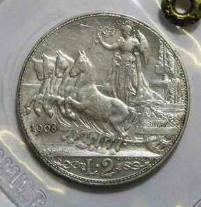 *VITTORIO EMANUELE III 2 LIRE 1908 QUADRIGA VELOCE CONS. BB/SPL SIGIL. NUMMUS - Picture 1 of 4