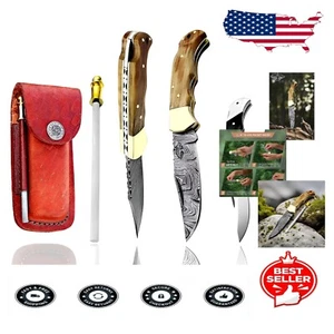 Premium Olive Wood Pocket Knife with Damascus Blade - Outdoor Survival Essential - Picture 1 of 11