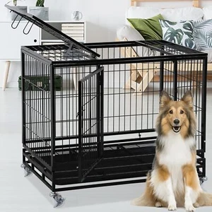 Dog Cage Heavy Duty Dog Crate Larger Metal Steel Pet Crate Kennel With Wheels - Picture 1 of 10