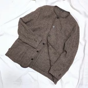 Papas Harris Tweed Wool Check Cardigan Blouson Brown Size 50L from Japan - Picture 1 of 10