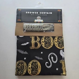 Halloween Shower Curtain Boo Metallic Foil Bat Skull Raven Web Snake Gothic Bath - Picture 1 of 4