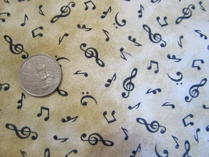 Vintage BLACK MUSIC NOTES On SANDY BROWN 2000's Flannel COTTON Fabric - 1 yd - Picture 1 of 2