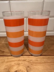 2 Orange Snd Frosted Striped Collins Glasses MCM Festive Barware - Picture 1 of 2