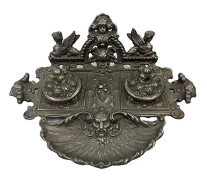 Vintage Art Nouveau Double Inkwell Cast Metal Ornate Decoration Desk Office - Picture 1 of 21