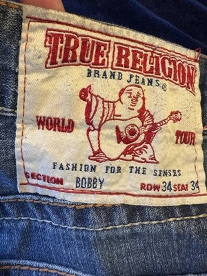 True Religion Embroidered Patch World Tour Logo Buttons & Jean Fabric *As Is* - Image 1 of 4