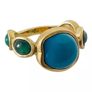 Vintage Unique 14K Yellow Gold Turquoise and Jade Cabochon Ring Size 7.5 - Picture 1 of 8