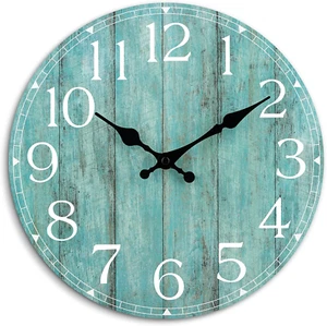 Wall Clock, 10 Inch Teal Silent Non-Ticking Kitchen Decor, Rustic Vintage Countr - Picture 1 of 12