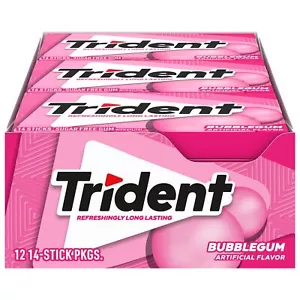 Trident Bubblegum Sugar Free Gum, 12 Packs of 14 Pieces (168 Total Pieces) - Picture 1 of 9