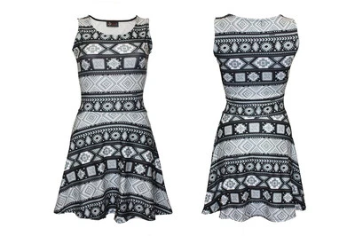 Women's Mono Ethnic Aztec Tribal Pattern Rockabilly Sleeveless Skater Dress - Image 1 of 3