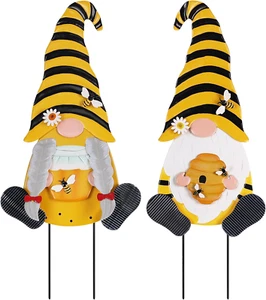 Metal Gnome Decorative Garden Stakes, 2 Pcs Outdoor Garden Decor with Honeybee O - Picture 1 of 12