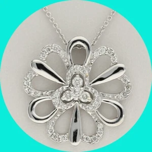Diamond Flower Pendant Necklace .30CT 18K WG Adjustable Chain - Picture 1 of 8