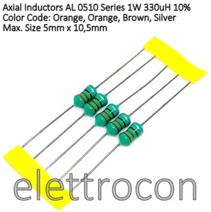5 pezzi Induttanza assiale 330 uH 1W Serie AL0510 dimensioni max. 5 x 10,5mm - Picture 1 of 1