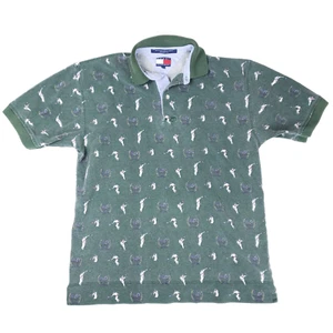 Vintage Tommy Hilfiger Polo Shirt Tennis Print Preppy Green Short Sleeve Y2K - Picture 1 of 7