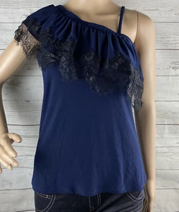 NWT Maurices Top XS Navy Blue Ruffled Lace Trim Single Shoulder with Strap Sexy - Foto 1 di 12