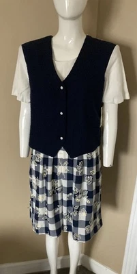 Chaleco Mameluco Floral A Cuadros Azul De Colección Bentley Talla 16 XL Corbata Cottagecore Años 90 Foto 1 de 4