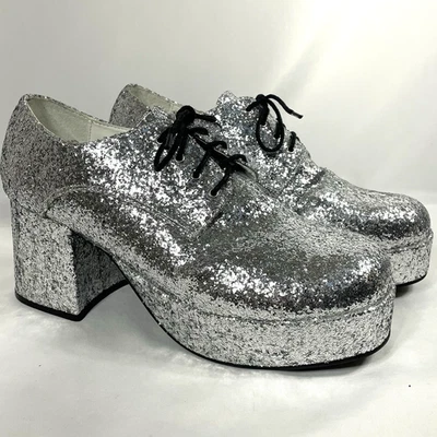 Disco Dancing Platform Shoes 70's Pimp Silver Sparkle Glitter Mens Size 12-13 - Image 1 of 4