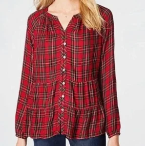 J. Jill rot kariert Urlaub V-Ausschnitt Knopfleiste Bluse Stufen Rüschensaum Gr. M P - Bild 1 von 7