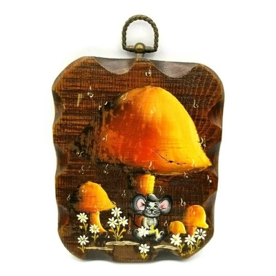 Vintage Mushrooms Mouse Tole Painting Signed by Artist Wall Hanging 7" - Image 1 of 4