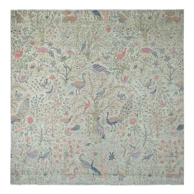 10'x10' Green Hand Knotted Afghan Peshawar Birds Design Wool Square Rug G20169 - Image 1 of 4