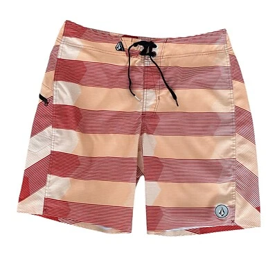 Volcom V6S 6 Way Stretch Red Orange Stripe Cinch Fly Board Shorts Size 34 - Image 1 of 4