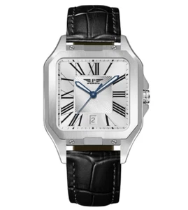 Pindu Luxury Men’s Watch Silver Stainless Steel Black Leather Brand New In Box - Picture 1 of 7