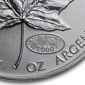 2000 MAPLE LEAF Canada 1 OZ SILVER coin RCM PM Privy Mark Fireworks millenium - Imagen 1 de 4