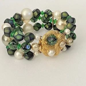 Vintage Signed Alice Caviness Green Pearl & Brilliant Gold Chunky Bead Bracelet - Bild 1 von 5