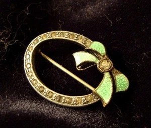 Vintage Marcasite Oval Pin from 30's w Green Enameled Bow (245) - Picture 1 of 9