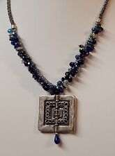 Stunning Chico's pewter? 2" pendant necklace cobalt blue cluster beads 18" long