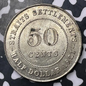 1921 Straits Settlements 50 Cents Lot#MK279 Silver! - Picture 1 of 2