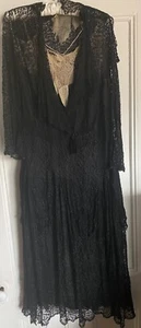 Antique Black Lace Dress 3/4 Bell Sleeves Cream Lace Needs Repair Layers Soft S - Picture 1 of 19