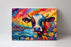 20x16 Bright Colorful Cow Canvas Print Wall Art - Picture 1 of 6